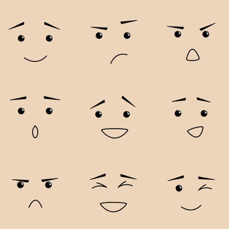 Illustration of a set of different emotions. Happiness, fear, fear, anger, happiness