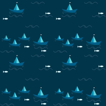 Pattern with blue paper ships and the sea with fishのイラスト素材