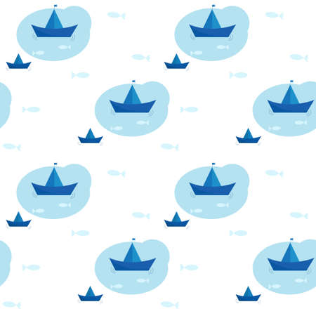 Pattern with blue paper ships and the sea with fishのイラスト素材