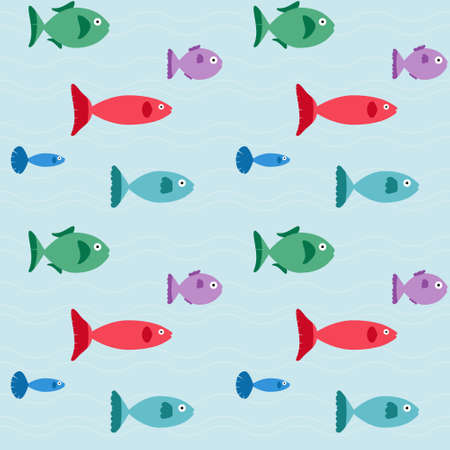 Pattern with the image of colorful fish on a blue background with wavesのイラスト素材
