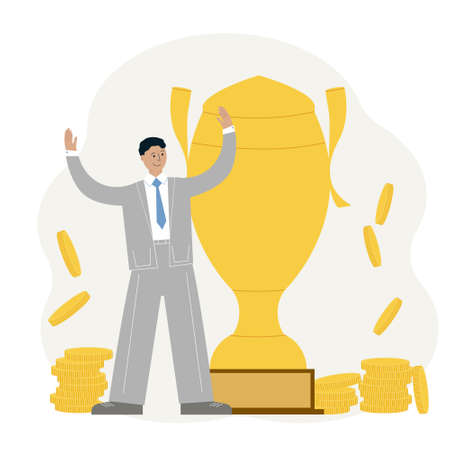 Business success achievement concept. Man celebrating victory against the background of the cup and gold coinsのイラスト素材