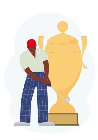 The concept of winning the game of golf. A man with a golf club near the big victory cupのイラスト素材