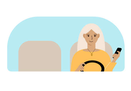Vector illustration of a woman with one hand controls a car and a mobile phone in the other handのイラスト素材