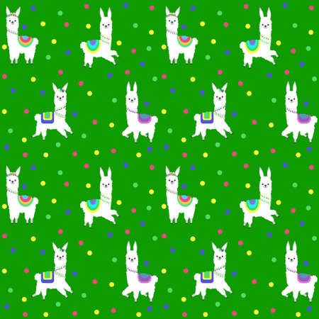 Pattern with the image of different lamas in colored costumes and a festive decoration. Vectorのイラスト素材