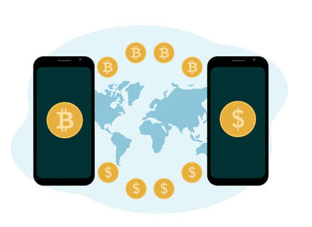 Cryptocurrency exchange and storage concept. Mobile with cryptocurrency and coins illustration. Vector illustrationのイラスト素材