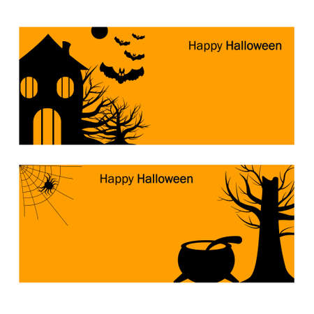 Set of website headers or banner designs for Happy Halloween with bats, spider, house and trees. Vector illustrationのイラスト素材