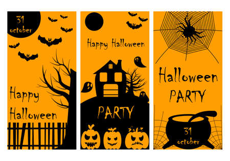 Vector set of Halloween party invitations or greeting cards with traditional symbols.のイラスト素材