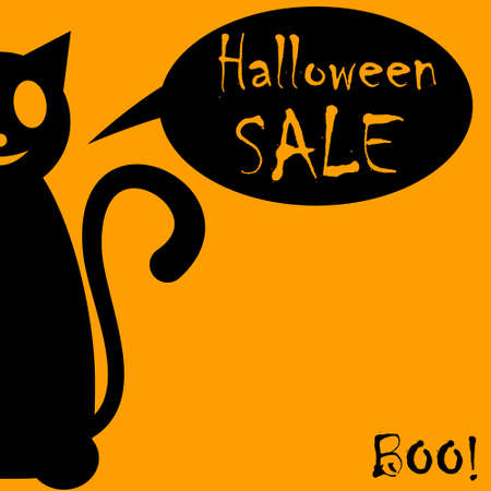 Halloween sale Promotion poster with black Halloween cat on orange background. Poster or banner template. Vector illustrationのイラスト素材