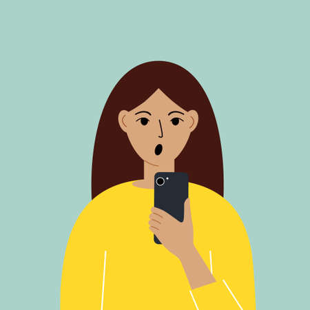 Shocked woman with a mobile phone, front view. Taking pictures, reading, chatting. Smartphone and internet addiction. Vector illustration.のイラスト素材