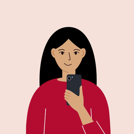 Joyful woman with mobile phone, front view. Taking pictures, reading, chatting. Smartphone and internet addiction. Vector illustration.のイラスト素材