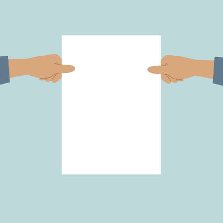 Two hands holding a white sheet. Concept for notice, display, contract notice, announce, postcard, gesture, no list. Vector illustrationのイラスト素材