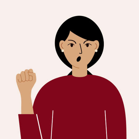 Angry anxious woman with a displeased expression on his face. A frustrated, disgruntled girl with a frown and an open face. Shouts. Colored flat vector illustration.のイラスト素材