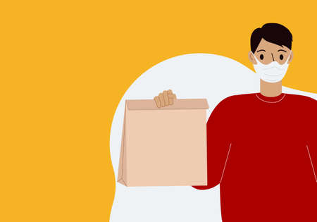 Delivery of goods during the prevention of the virus. Courier in a face mask with a box in his hands. Portrait from the waist up. Vector flat illustration.のイラスト素材