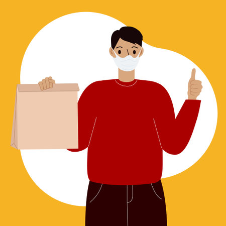 Delivery of goods during the prevention of the virus. Courier in a face mask with a box in his hands. Portrait from the waist up. Vector flat illustration.のイラスト素材