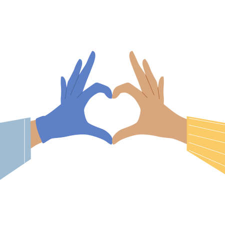 Doctor's hand and patient's hand make a heart symbol. Medical care concept. Banner design. Vector illustration.のイラスト素材