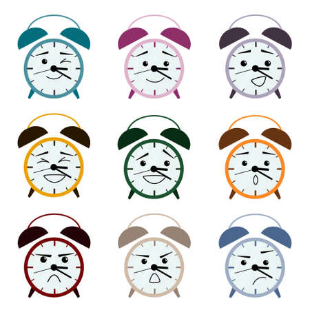 Set of cute alarm clock emoji icons in different expressions. Joy, sadness, shock, laughter. Vector flat illustrationのイラスト素材