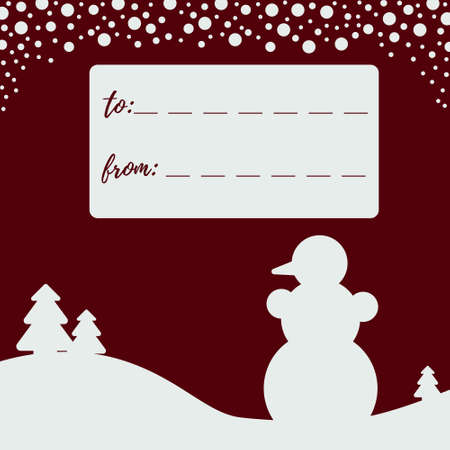 Merry Christmas and Happy New Year. Greeting card with a cute snowman, fir trees and snowflakes on a red background. Poster, background, postcard, invitation. Vector flat illustrationのイラスト素材
