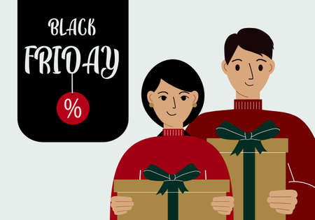 Black Friday banner. Young woman and man with a gift box. Gift box with a large bow on a light background. Vector flat illustration.のイラスト素材