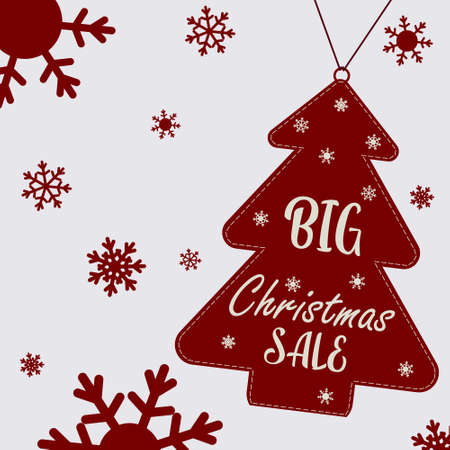 Christmas poster about a big Christmas sale. Christmas tree with text and snowflakes. Flyer, poster. Vector flat illustration.のイラスト素材