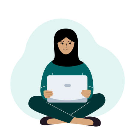 A woman in a black headscarf sits and works at a laptop. Muslim woman in a black scarf. Remote work or communication over the Internet. Satisfied, joyful. Vector flat illustration.のイラスト素材
