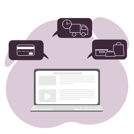 The concept of online ordering and delivery of goods from a laptop. E-commerce concept. Delivery service. Vector flat illustrationのイラスト素材
