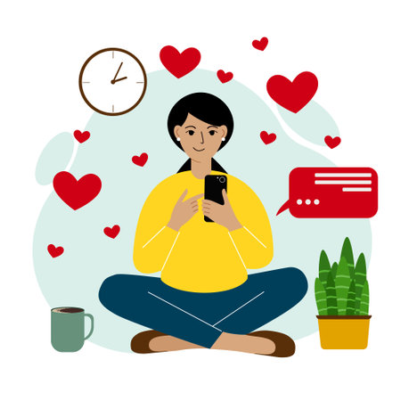 Online dating, love, romance concept. Smiling woman sitting cross-legged with a mobile phone with hearts. Conducts correspondence. Vector flat illustrationのイラスト素材