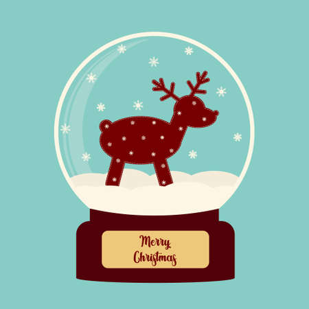 Merry christmas glass ball with snowflakes and a deer in the snow. Christmas and new year, magic sphere. Winter souvenir toy, snow globe. Vector flat illustrationのイラスト素材