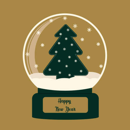 Happy New Year glass ball with snowflakes and Christmas tree in the snow. Christmas and new year, magic sphere. Winter souvenir toy, snow globe. Vector flat illustrationのイラスト素材