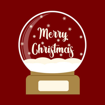 Merry Christmas glass ball with snowflakes, snow and text Merry Christmas. Christmas magic ball. Winter souvenir toy, snow globe. Vector flat illustrationのイラスト素材