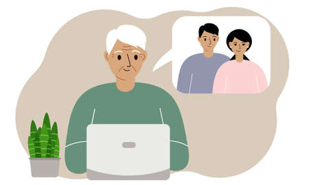 Family remote video conferencing or conference calling. Parents communicate with children via video call. Vector flat illustrationのイラスト素材