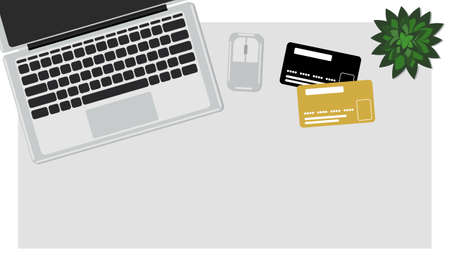 Workspace top view with laptop and plastic card. Flyer, poster, background with place for...