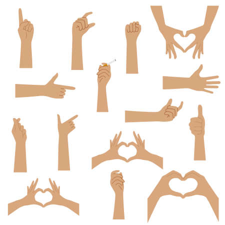 A set of hands depicting different gestures. Vector flat illustrationのイラスト素材