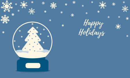 Happy Holidays glass ball with snowflakes and Christmas tree in the snow. Winter souvenir toy, snow globe. Vector flat illustration