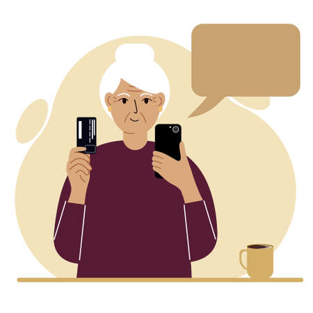 Grandmother holds a mobile phone in one hand and a plastic card in the other. An older woman is learning to pay online. Vector flat illustrationのイラスト素材