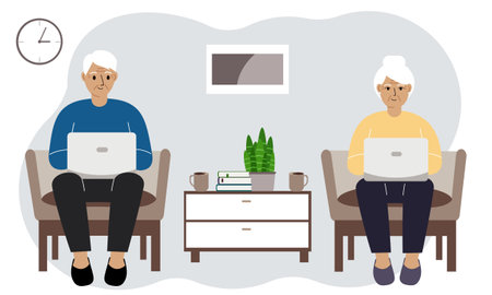 The family spends time together at home, grandparents are relaxing in the living room using a laptop. Family evening modern pensioners, flat vectorのイラスト素材
