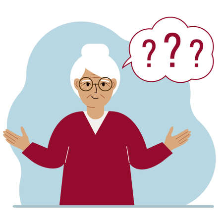 Conceptual illustration of a grandmother who has many questions and question marks in his mind. Vector flat illustrationのイラスト素材