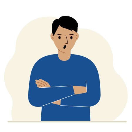 The man is screaming and upset. The arms are crossed over the chest. Vector flat illustrationのイラスト素材
