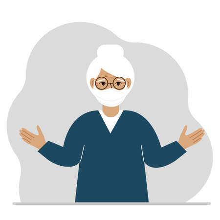 Grandmother in a protective medical face mask. The old woman wears protection against viruses, urban air pollution, smog, vapors, and polluting gas emissions. Vector flat illustration.のイラスト素材