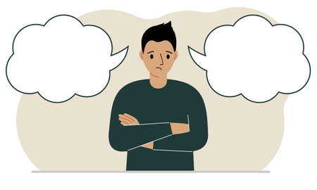 A sad man tries to make the right decision. Left and right empty bubbles. Comparison of the two solutions. Vector flat illustrationのイラスト素材