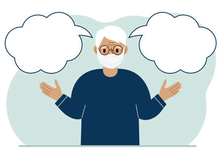 A grandfather with a medical mask is trying to make the right decision. Left and right are empty bubbles. Comparison of the two solutions. Vector flat illustrationのイラスト素材