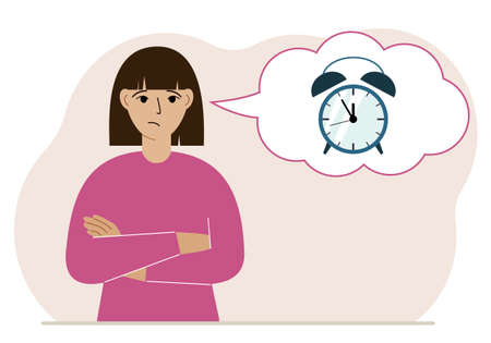 Sad woman with a balloon of air thoughts with an alarm clock. Time management, planning, organization of working time, effective business, deadline. Vector flat illustrationのイラスト素材