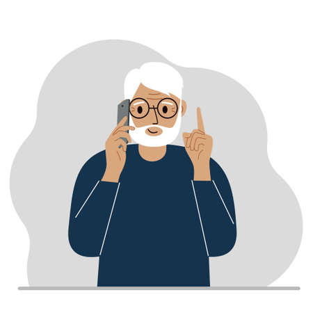 Smiling grandfather talking on a cell phone with emotions. One hand with the phone the other with a forefinger up gesture. Vector flat illustrationのイラスト素材