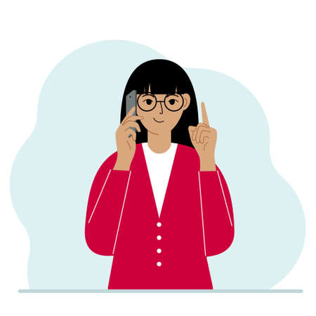 Smiling woman talking on a cell phone with emotions. One hand with the phone the other with a forefinger up gesture. Vector flat illustrationのイラスト素材