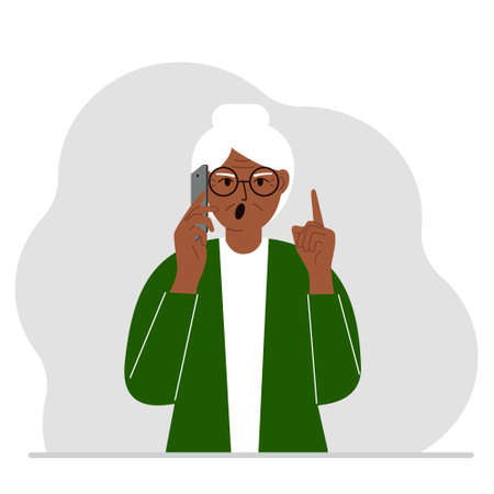 Screaming grandmother talking on a cell phone with emotions. One hand with the phone the other with a forefinger up gesture. Vector flat illustrationのイラスト素材