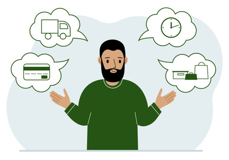 Ordering and delivery process concepts. Happy man and steps of a delivery order. Payment, delivery car, waiting hours and goods and purchases. Vector flat illustrationのイラスト素材
