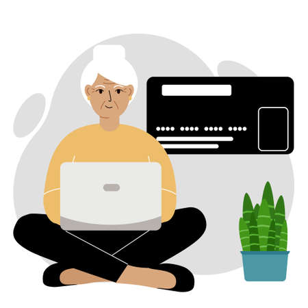 Online payment concept. Close up of a large credit card. An old woman sits cross-legged, holding a laptop in his hand. Vector flat illustrationのイラスト素材