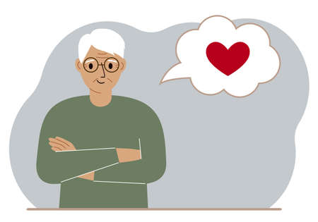 Happy grandfather thinks about love. In the balloon of thought is a red heart. Vector flat illustrationのイラスト素材