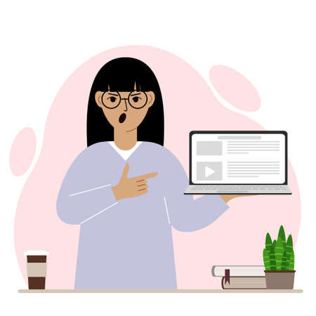 Screaming woman holding a laptop computer with one hand and pointing at it with the other. Laptop computer technology concept. Vector flat illustrationのイラスト素材