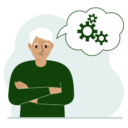 Sad grandpa thinks, dreams with gears concept. Grandpa is thinking about solving the problem. Balloon with the image of three gears. Vector flat illustration.のイラスト素材