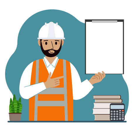 Male builder in a protective helmet and an orange vest. A man holds a clipboard with white paper on which there is a place for text. vector flat illustrationのイラスト素材